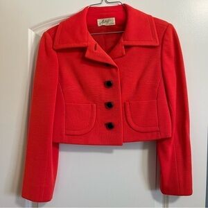 Vintage Mod 1960's Cropped Boxy Knit Blazer Jacket Neon Bright Red Orange